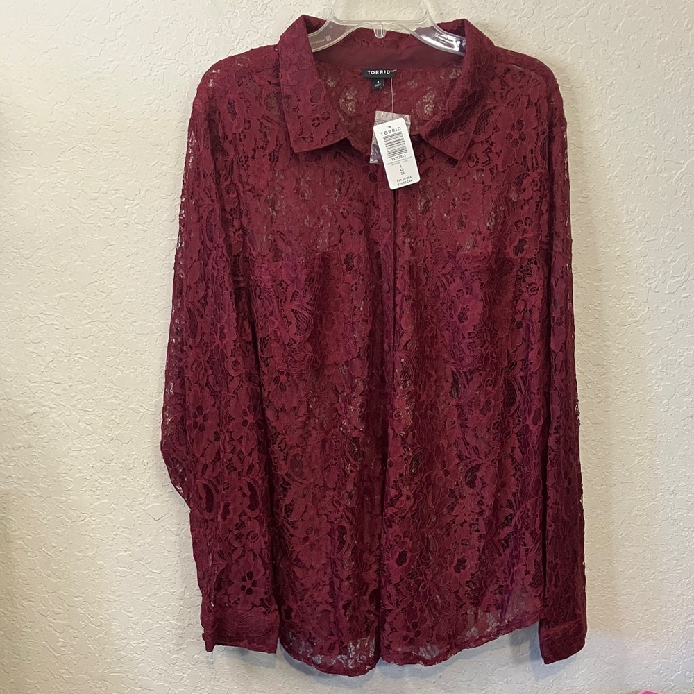 Torrid Burgundy stretch lace button-down Top